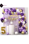 Bkmc 7 Harf İsimli 5 Yaş Macaron Mor Balon Zinciri Seti Gölge Mor Altın Balon Dekorasyon - 1