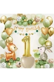 Bkmc Ceylan Tavşan Gold 1 Yaş Folyolu Küf Yeşili Beyaz Balon Zincir Doğum Günü Parti Seti Süsü - 1