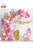 Bkmc Lüks Pembe Dinozor 4 Yaş Folyo Balonlu Pembe Gold Beyaz Doğum Günü Parti Seti Süsü - 4