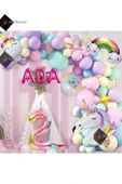 Bkmc 2 Yaş Ve 3 Harfli Gökkuşağı Konsepti Unicorn Temalı Makaron Balon Doğum Günü Parti Kutlama Seti - 1