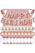 Bkmc Rose Gold Pembe Happy Birthday Ve Kalp Folyo Ve 30 Rose Beyaz Şeffaf Balonlu Arka Fon Perde Set - 1