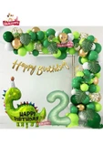 Bkmc Happy Birthday Yazılı Dinozor 2 Yaş Folyo Balonlu Yeşil Gold Beyaz Doğum Günü Parti Seti - 1