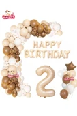 Bkmc Bej Happy Birthday 2 Yaş Folyo Balon Bej Beyaz Kahverengi Konsept Doğum Günü Parti Seti - 1