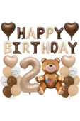 Bkmc 2Yaş Retro Ayıcık Kahverengi Folyolu Balon Happy Birthday Afiş Dekorasyon Doğum Günü Parti Seti Süsü - 2