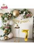 Bkmc 7 Yaş Happy Kaligrafi Yazılı Küf Yeşili Gold Beyaz Balon Zinciri Seti Doğum Günü Parti Seti Süsü - 2