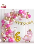 Bkmc Lüks Pembe Dinozor 6 Yaş Folyo Balonlu Pembe Gold Beyaz Doğum Günü Parti Seti Süsü thumbnail 3