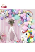 Bkmc Gökkuşağı Konsepti Unicorn Temalı Makaron Balon Doğum Günü Parti Kutlama Seti - 1
