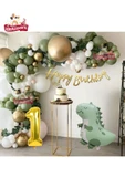 Bkmc 1 YaşRetro Yeşil Dinazor Folyolu Küf Yeşili Gold Beyaz Balon Zinciri Seti Doğum Günü Parti Seti Süsü thumbnail 4