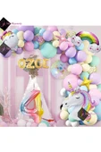 Bkmc 4 Harfli 4 Yaş Gökkuşağı Konsepti Unicorn Temalı Makaron Balon Doğum Günü Parti Kutlama Seti - 1
