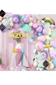 Bkmc 4 Harfli 7 Yaş Gökkuşağı Konsepti Unicorn Temalı Makaron Balon Doğum Günü Parti Kutlama Seti - 3