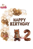 Bkmc Ayaklı Ayı Happy Birthday 2 Yaş Folyo Balon Krem Beyaz Kahverengi Konsept Doğum Günü Parti Seti - 1