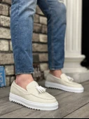 Pabucmarketi Bağcıksız Püsküllü Keten Erkek Ayakkabı BEYAZ (BEYAZ TABAN) thumbnail 4