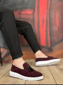 Pabucmarketi Bağcıksız Püsküllü Erkek Ayakkabı BORDO SÜET (BEYAZ TABAN) - 1
