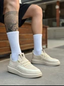 Pabucmarketi Bağcık Detaylı Triko Erkek Spor Ayakkabı KREM (BEYAZ TABAN) thumbnail 1