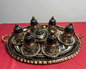 6lı bakır fincan takımı ve lokumluk,yuvarlak tepsi - 1