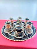 6lı bakır fincan takımı ve lokumluk,yuvarlak tepsi - 1