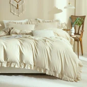 Maki Home %100 Pamuklu Fırfırlı Bej 200x220+2*(50x70) Çift Kişilik Nevresim ve Yastık Kılıfı Seti - 1