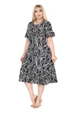 Melsay Butik Kadın Büyük Beden Eteği Fırfırlı Siyah Yaprak Desen Cepli Elbise thumbnail 1