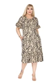 Melsay Butik Kadın Büyük Beden Eteği Fırfırlı Bej Yaprak Desen Cepli Elbise thumbnail 5