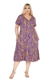 Melsay Butik Göğüsten Robalı V Yaka Kısa Kollu Mor Yaprak Desen Cepli Elbise thumbnail 1