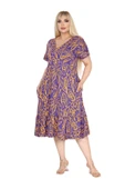 Melsay Butik Göğüsten Robalı V Yaka Kısa Kollu Mor Yaprak Desen Cepli Elbise thumbnail 2