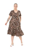 Melsay Butik Göğüsten Robalı V Yaka Kısa Kollu Leopar Desen Cepli Elbise - 3