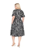 Melsay Butik Kadın Büyük Beden Eteği Fırfırlı Siyah Yaprak Desen Cepli Elbise thumbnail 6