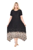 Melsay Butik Siyah Puanlı Eteği Leopar Desen Asimetrik Kısa Kollu Elbise - 1