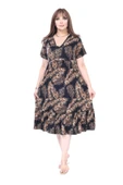Melsay Butik Göğüsten Robalı V Yaka Kısa Kollu Siyah Başak Desen Cepli Elbise - 1
