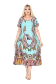 Melsay Butik Turkuaz Şal Desen Kuplu Cepli Kısa Kol Kadın Midi Elbise thumbnail 1