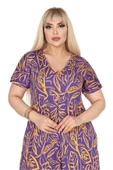Melsay Butik Göğüsten Robalı V Yaka Kısa Kollu Mor Yaprak Desen Cepli Elbise thumbnail 5
