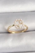 Pirinç Gold Renk Zirkon Taş Detaylı İncili Ayarlanabilir Yüzük - TJ-BYK3541 - 1