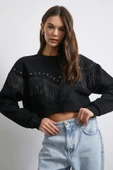 Püsküllü Crop Sweat Siyah - 2