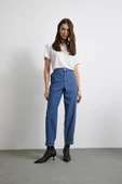 Cep Detaylı Paçası Katlamalı Mom Jean Mavi - 2