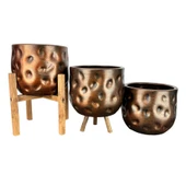 Bitki Tasarımı Ev Dekorasyon Aksesuar Bakır Desenli Toprak Saksı Saksılık Salon Çiçeklik Üçlü Set 19 CM - 3