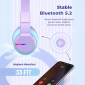 iClever Led Işıklı Güvenli Ses Sınırlı 85 Saat Oynatma Süreli Bluetooth Çocuk Kulaklığı Lila Mor - 7