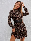 Lucky Life Kadın Uzun Kollu Yarı Balıkçı Yaka Leopar Desenli Kadife Elbise - 5