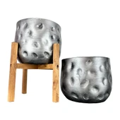 Bitki Tasarımı Ev Dekorasyon Aksesuar Gümüş Desenli Toprak Saksı Saksılık Salon Çiçeklik İkili Set 4 Ayaklı - Ayaksız 19 CM - 1