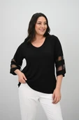 Kadın Büyük Beden Yarasa Kol Tül Detaylı Bluz 1901-25 - 7