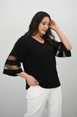 Kadın Büyük Beden Yarasa Kol Tül Detaylı Bluz 1901-25 - 5