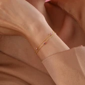 925 ayar gümüş 2 sıra zincirli pembe göz bileklik - 3