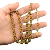 Özel Seri Arpa Kesim Gümüş Püsküllü 12x9 mm Ateş Kehribar Tesbih thumbnail 1