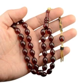 Özel Seri Arpa Kesim Gümüş Püsküllü 12x9 mm Ateş Kehribar Tesbih thumbnail 1