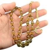 Özel Seri Arpa Kesim Gümüş Püsküllü 12x9 mm Ateş Kehribar Tesbih thumbnail 1