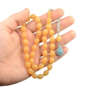 Özel Seri Arpa Kesim Gümüş Püsküllü 12x9 mm Sıkma Kehribar Tesbih thumbnail 1