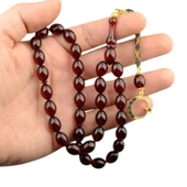 Özel Seri Arpa Kesim Gümüş Püsküllü 12x9 mm Ateş Kehribar Tesbih thumbnail 1