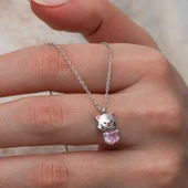 Gümüş Pembe Taşlı Sevimli Kedi Kadın Kolye - 2
