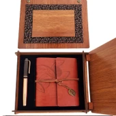 Ahşap Kutulu Kahve Deri Defter ve Metal Bakır Kalem - 1