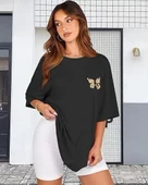 Kadın Bisiklet Yaka Baskılı T-shirt - Siyah - 2