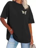 Kadın Bisiklet Yaka Baskılı T-shirt - Siyah - 6